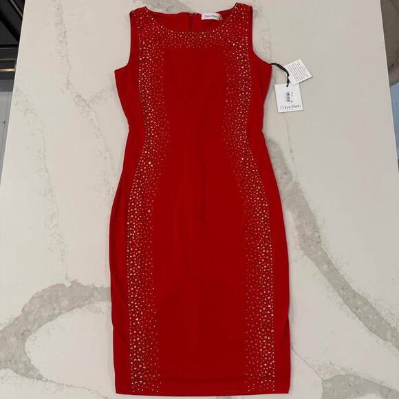 Calvin Klein NWT Silver Studded Panel Stretch Sheath Dress Women's 4 Red Formal - Picture 1 of 9